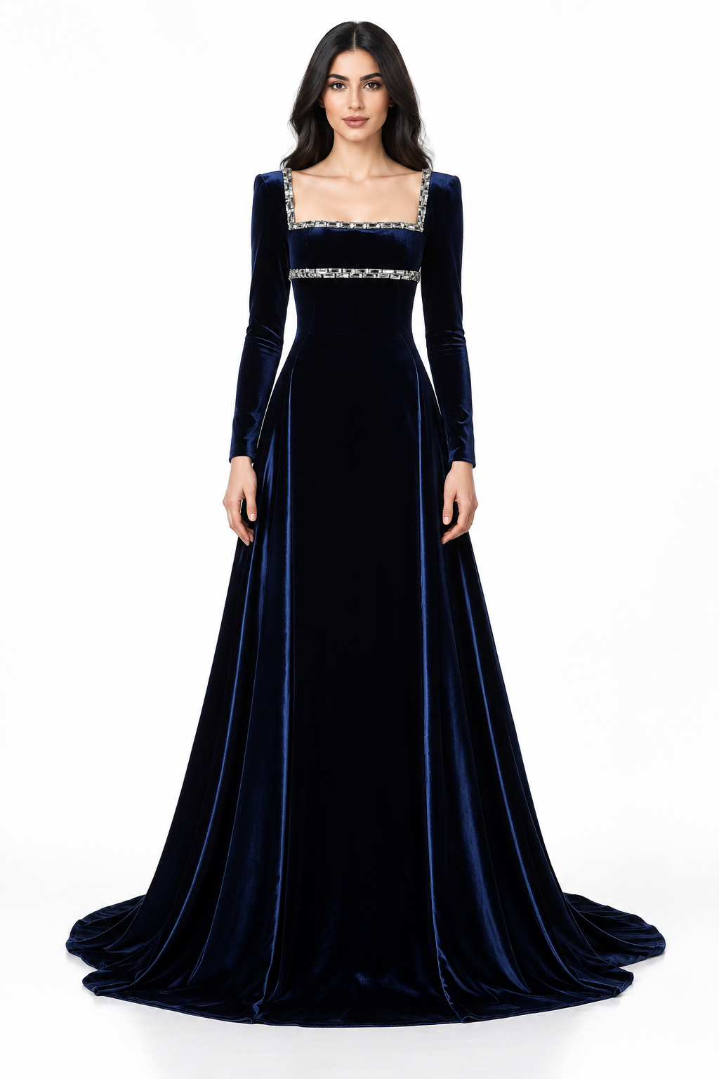Crystal Square Neck Velvet Gown - Navy