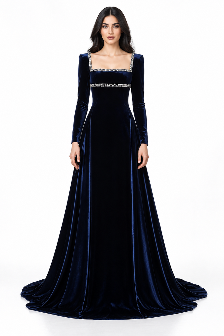 Crystal Square Neck Velvet Gown - Navy