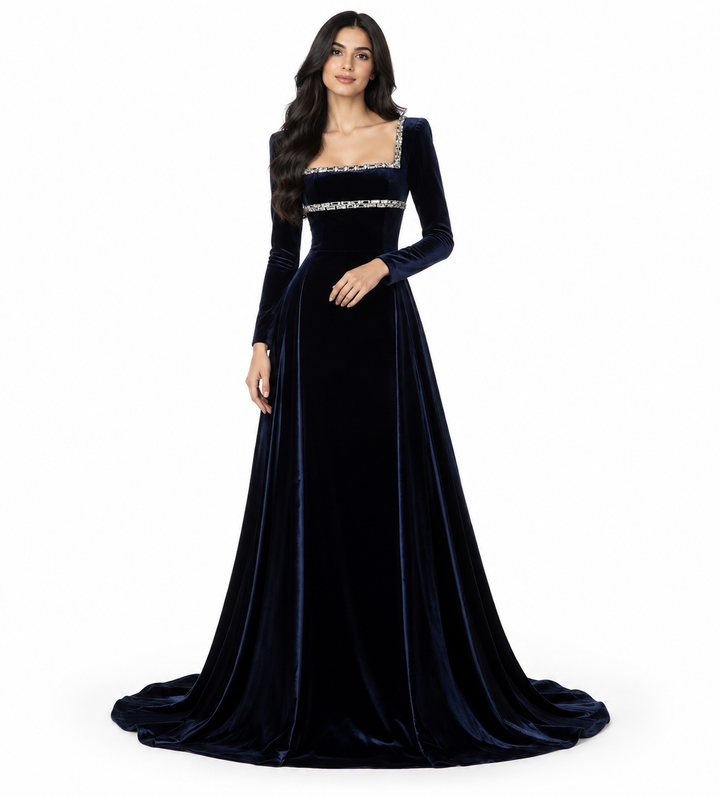 Crystal Square Neck Velvet Gown - Navy