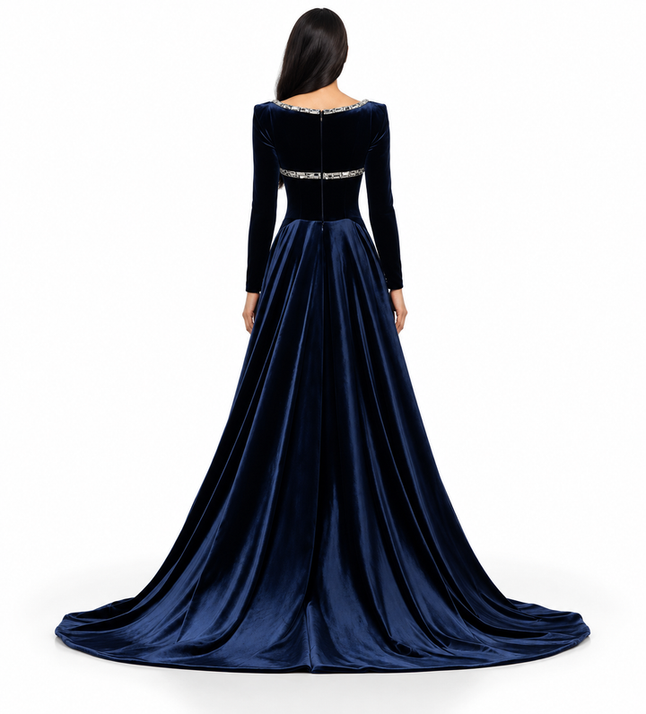 Crystal Square Neck Velvet Gown - Navy