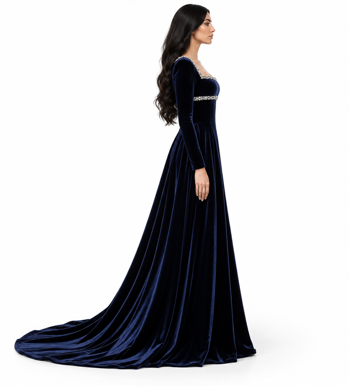 Crystal Square Neck Velvet Gown - Navy