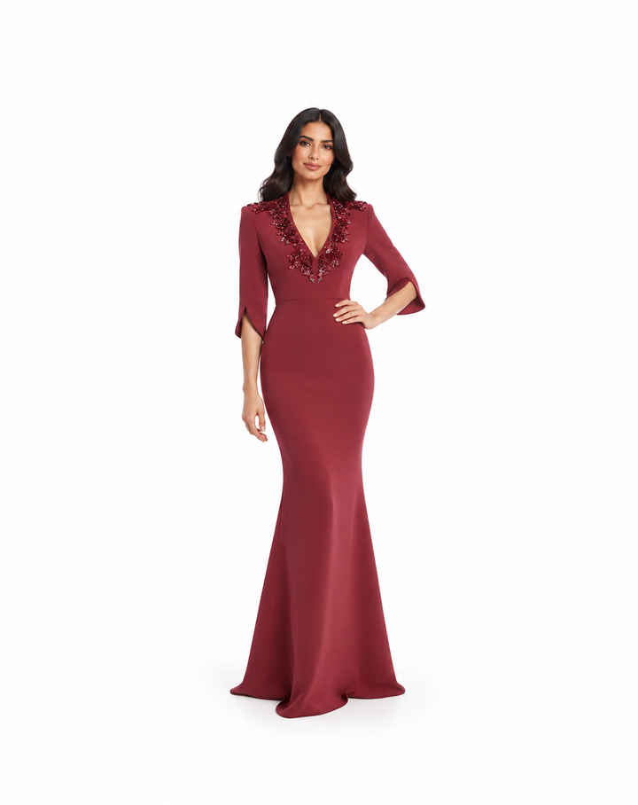 Embellished V-Neck Mermaid Gown - Ruby