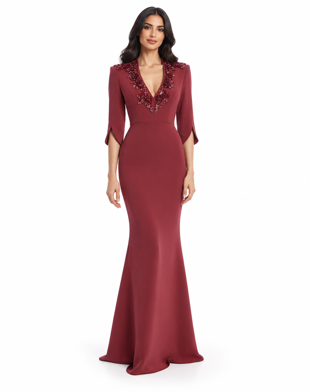 Embellished V-Neck Mermaid Gown - Ruby