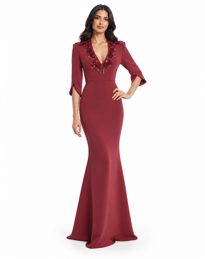 Embellished V-Neck Mermaid Gown - Ruby