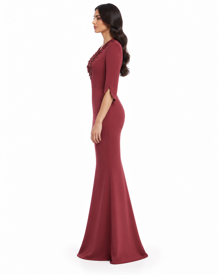 Embellished V-Neck Mermaid Gown - Ruby