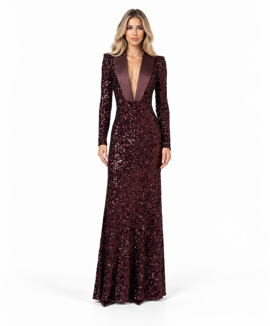 Sequin Tuxedo Gown - Bordeaux