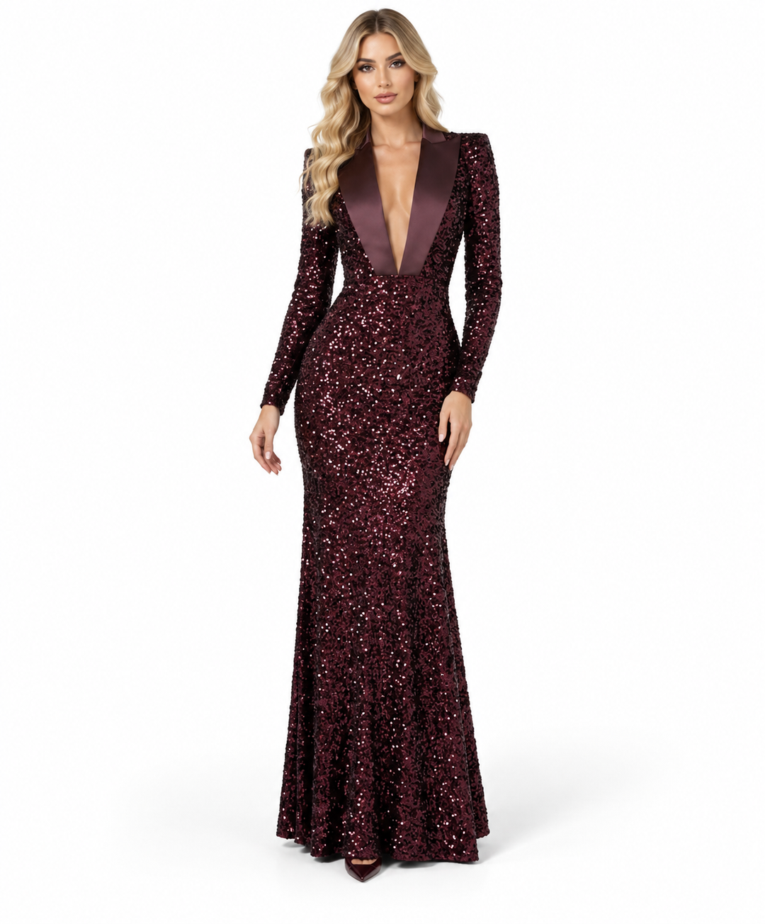 Sequin Tuxedo Gown - Bordeaux