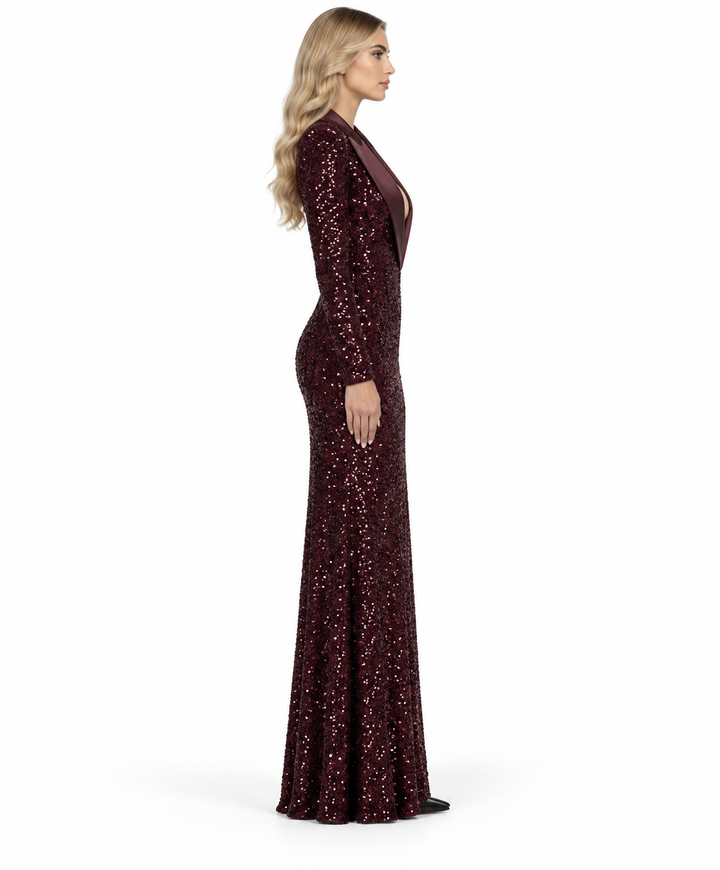 Sequin Tuxedo Gown - Bordeaux