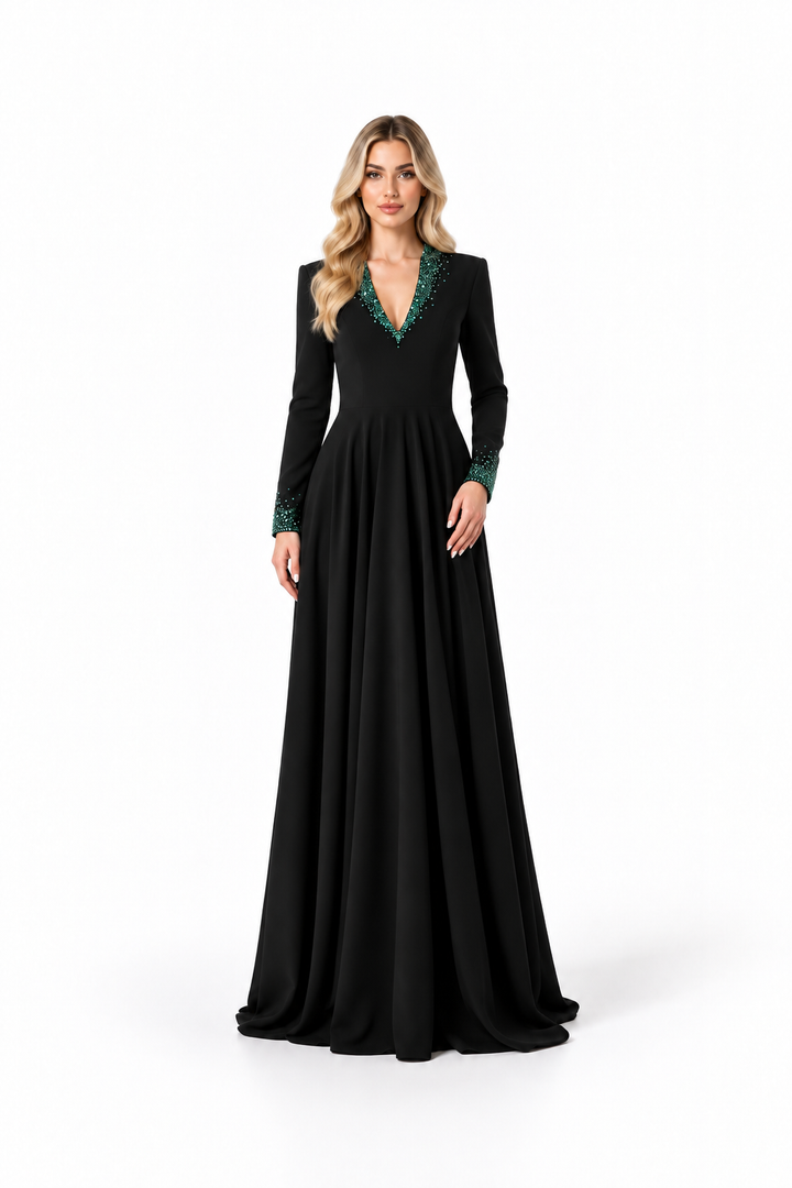 Embellished V-Neck Gown - Emerald