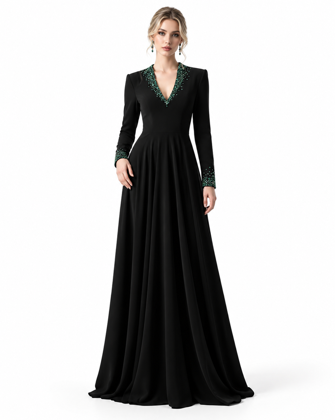Embellished V-Neck Gown - Emerald
