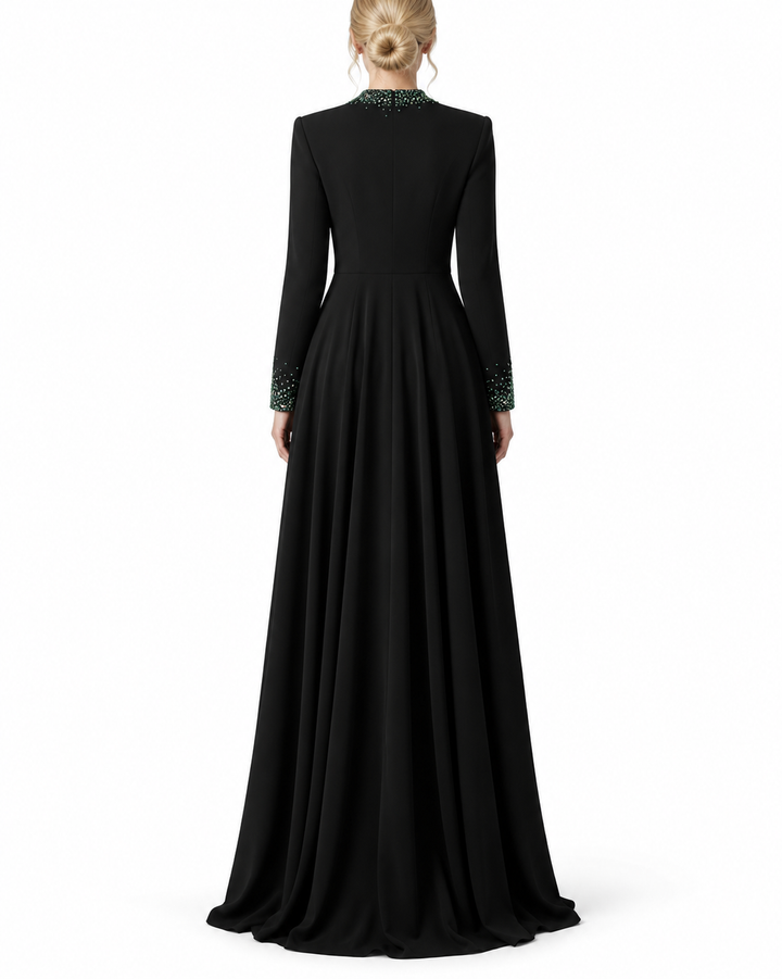 Embellished V-Neck Gown - Emerald