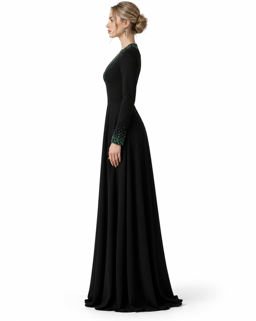 Embellished V-Neck Gown - Emerald