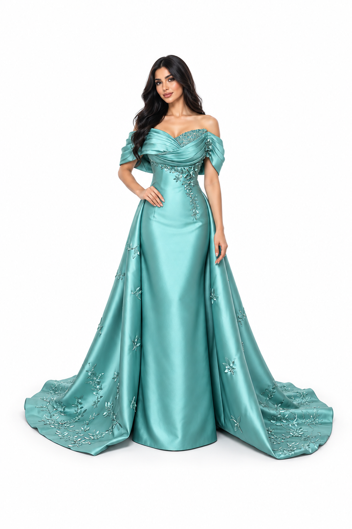 Embellished Off-Shoulder Gown - Aquamarine