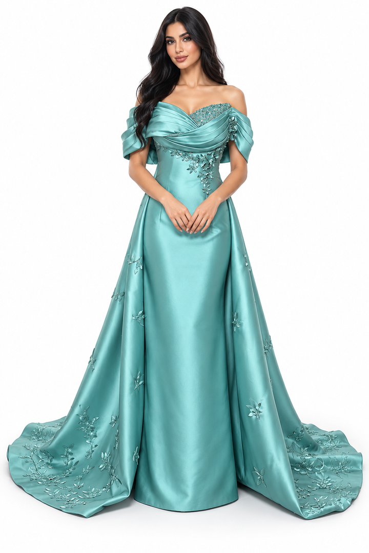 Embellished Off-Shoulder Gown - Aquamarine