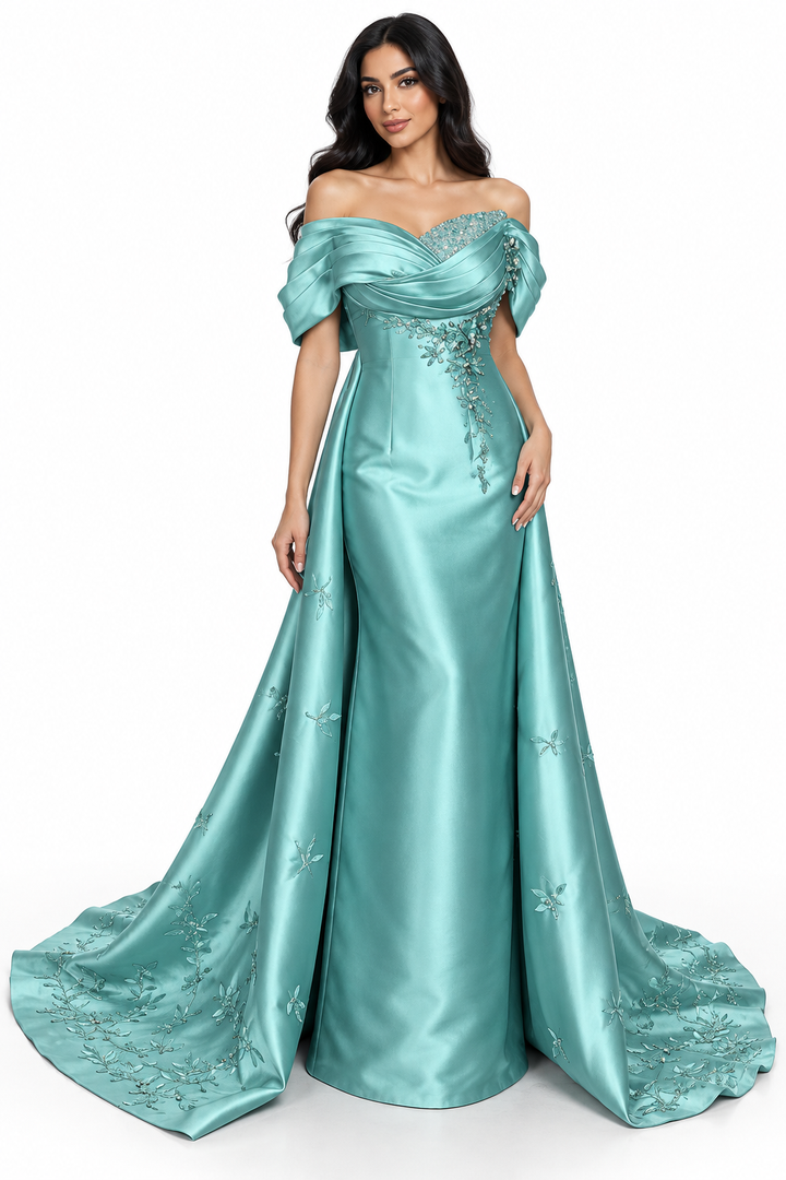 Embellished Off-Shoulder Gown - Aquamarine
