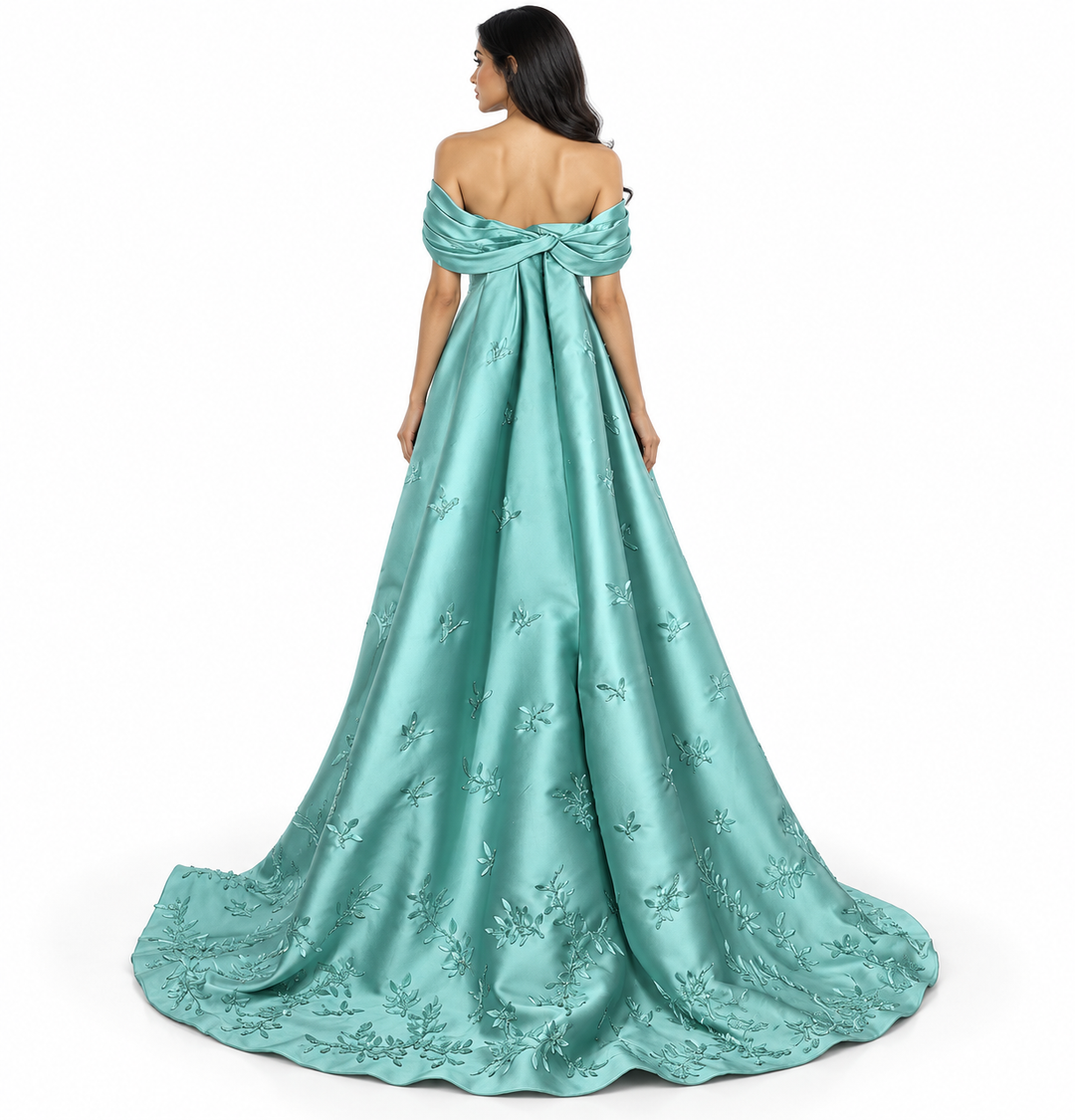 Embellished Off-Shoulder Gown - Aquamarine