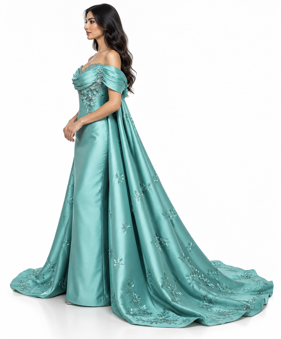Embellished Off-Shoulder Gown - Aquamarine