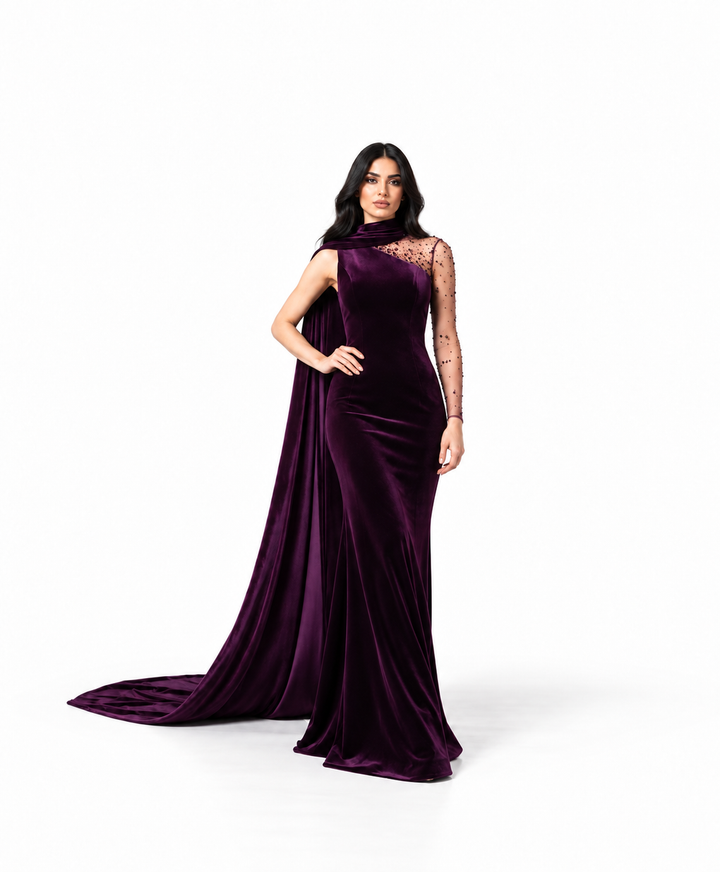 Velvet Cape Gown - Aubergine