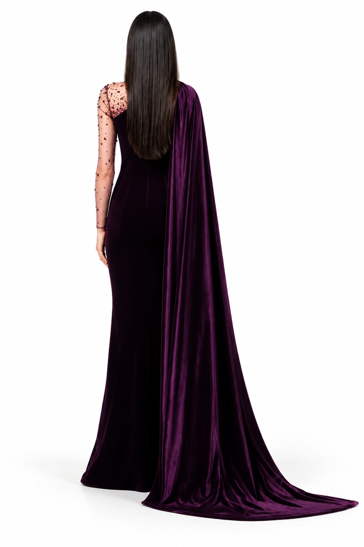 Velvet Cape Gown - Aubergine