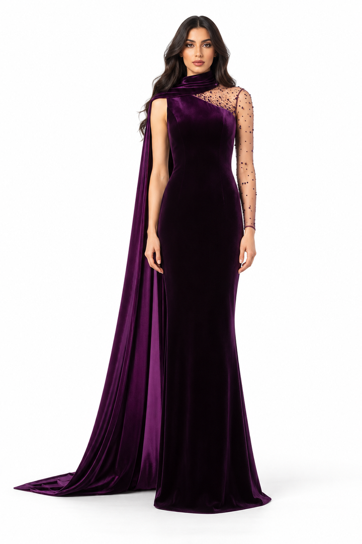 Velvet Cape Gown - Aubergine