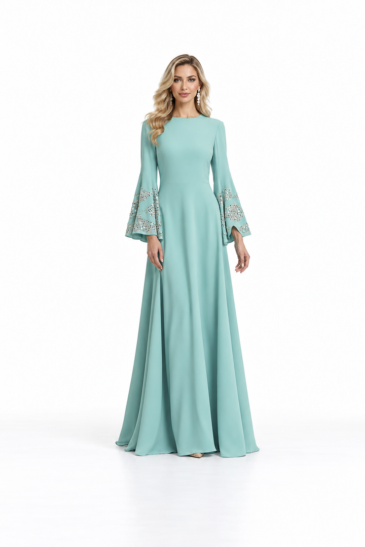 Embellished Sleeve Gown - Aqua