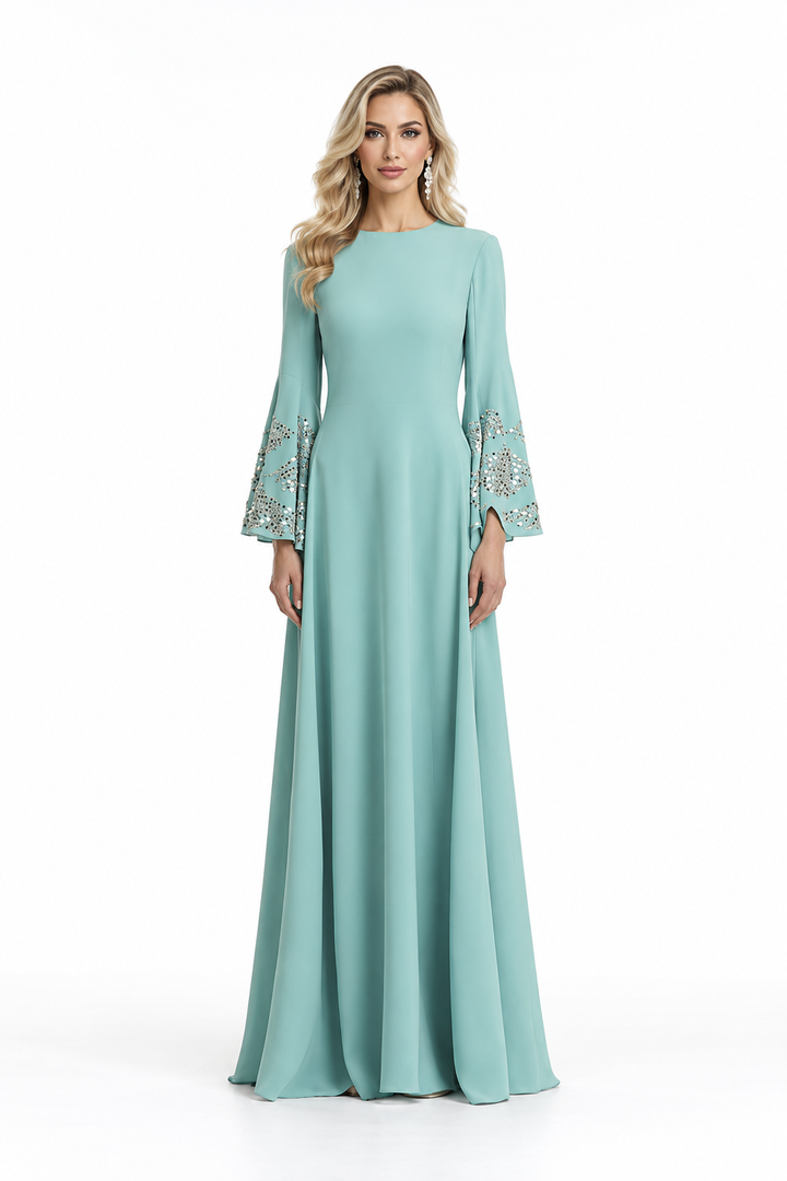 Embellished Sleeve Gown - Aqua