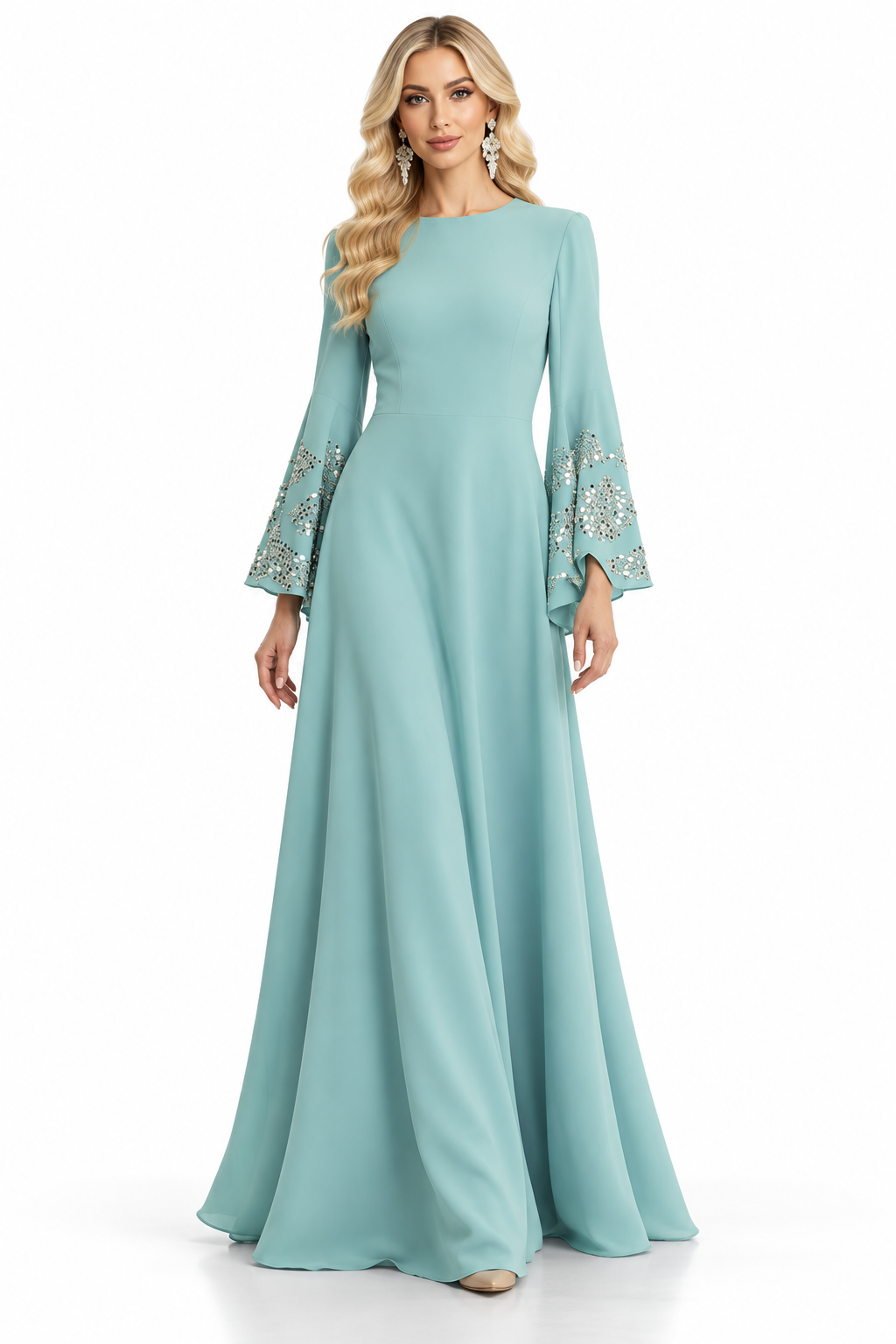 Embellished Sleeve Gown - Aqua