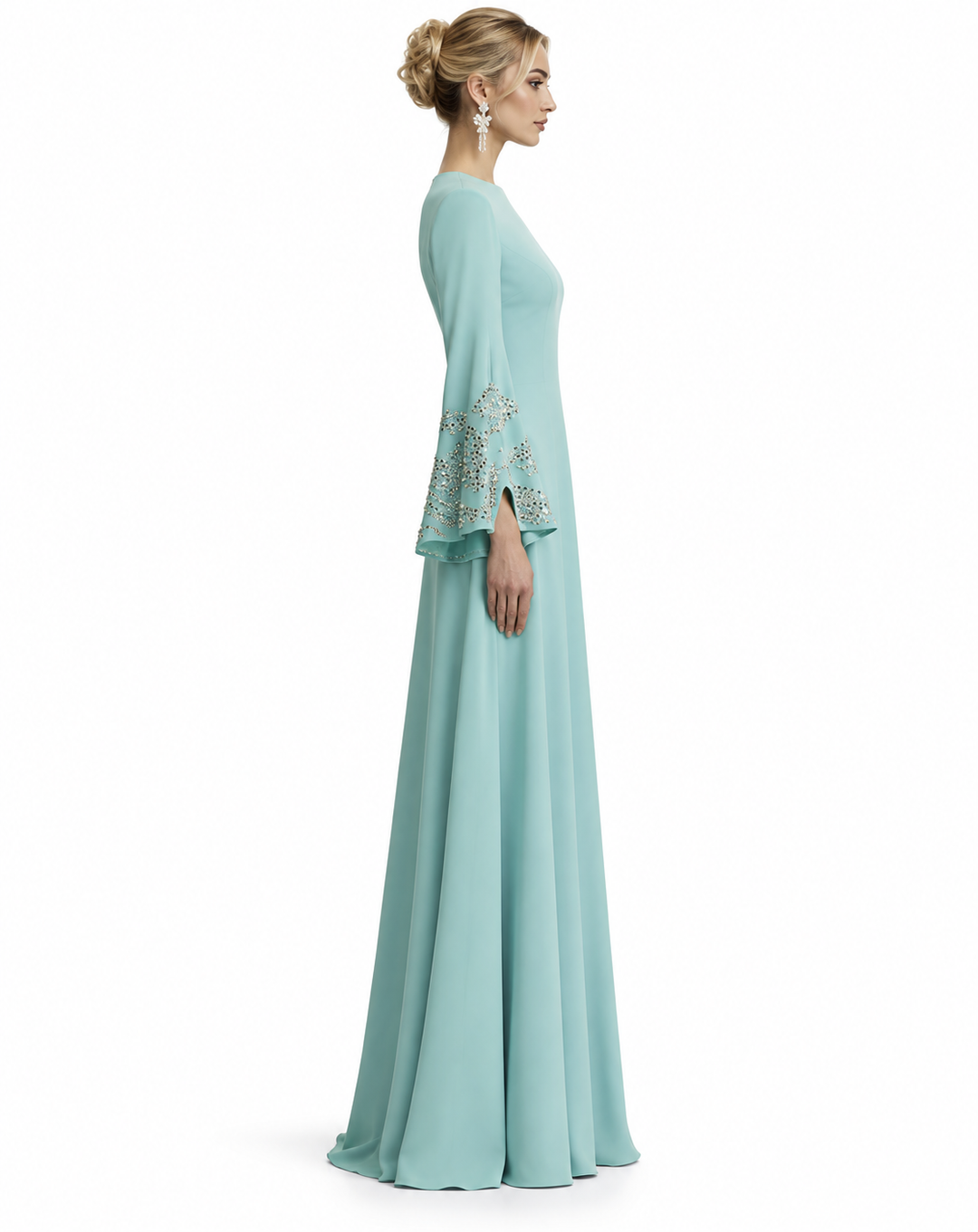 Embellished Sleeve Gown - Aqua
