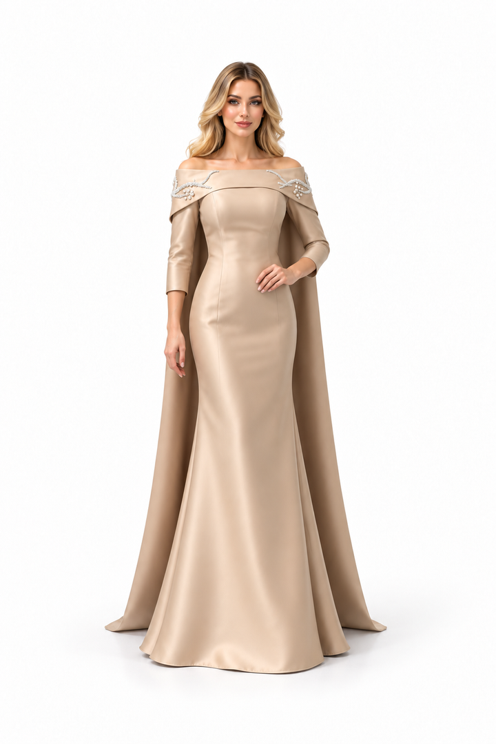 Off-Shoulder Cape Gown - Champagne