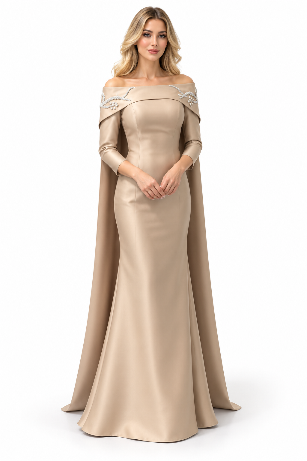 Off-Shoulder Cape Gown - Champagne