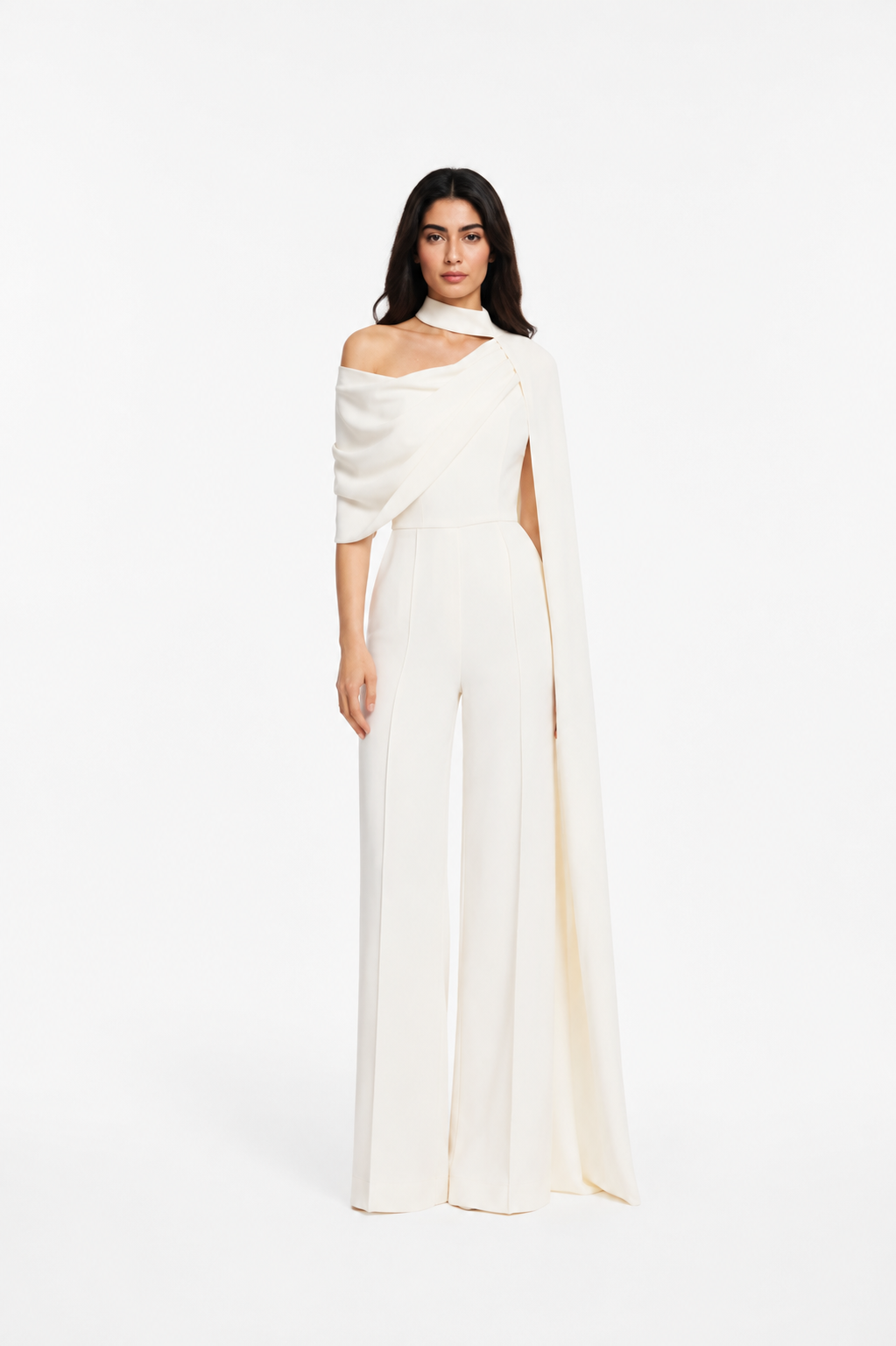 Asymmetric Cape Wide-Leg Jumpsuit – IVORIA