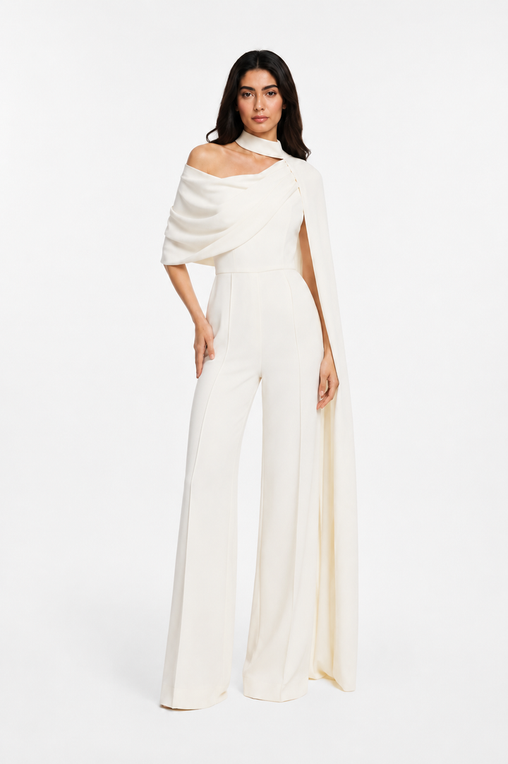 Asymmetric Cape Wide-Leg Jumpsuit – IVORIA