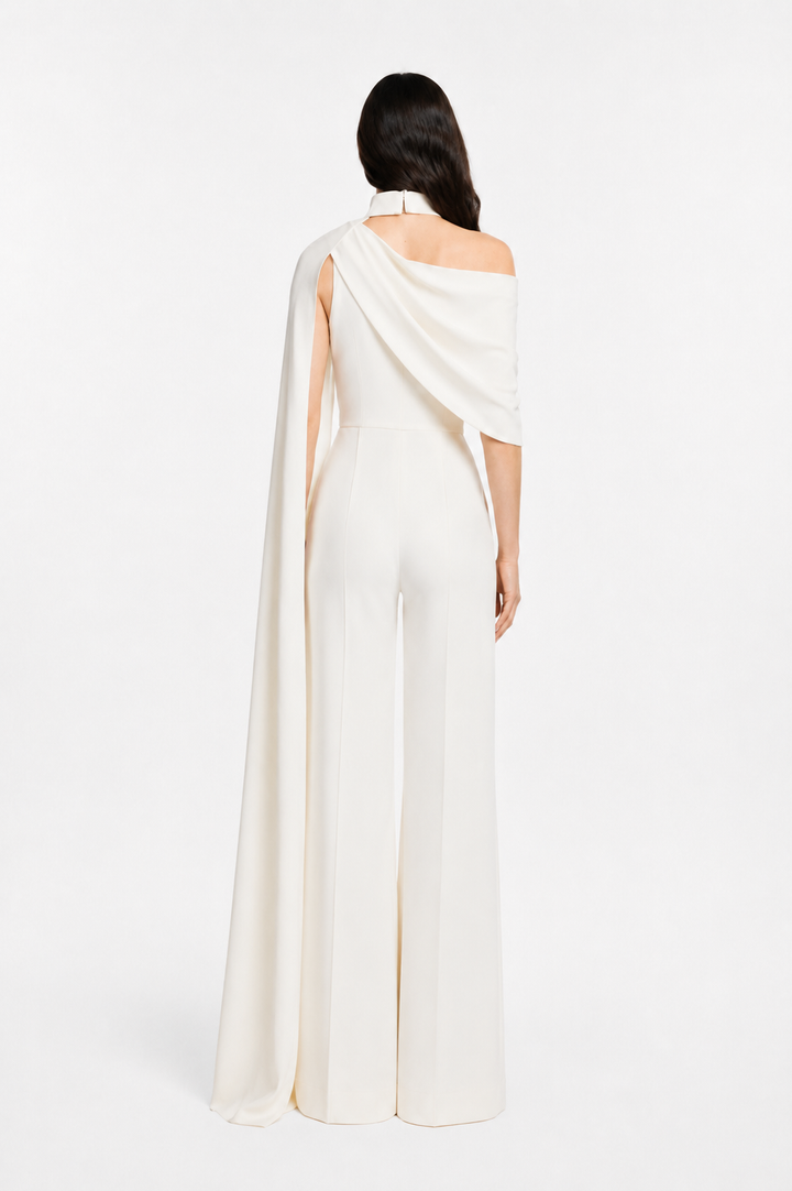 Asymmetric Cape Wide-Leg Jumpsuit – IVORIA