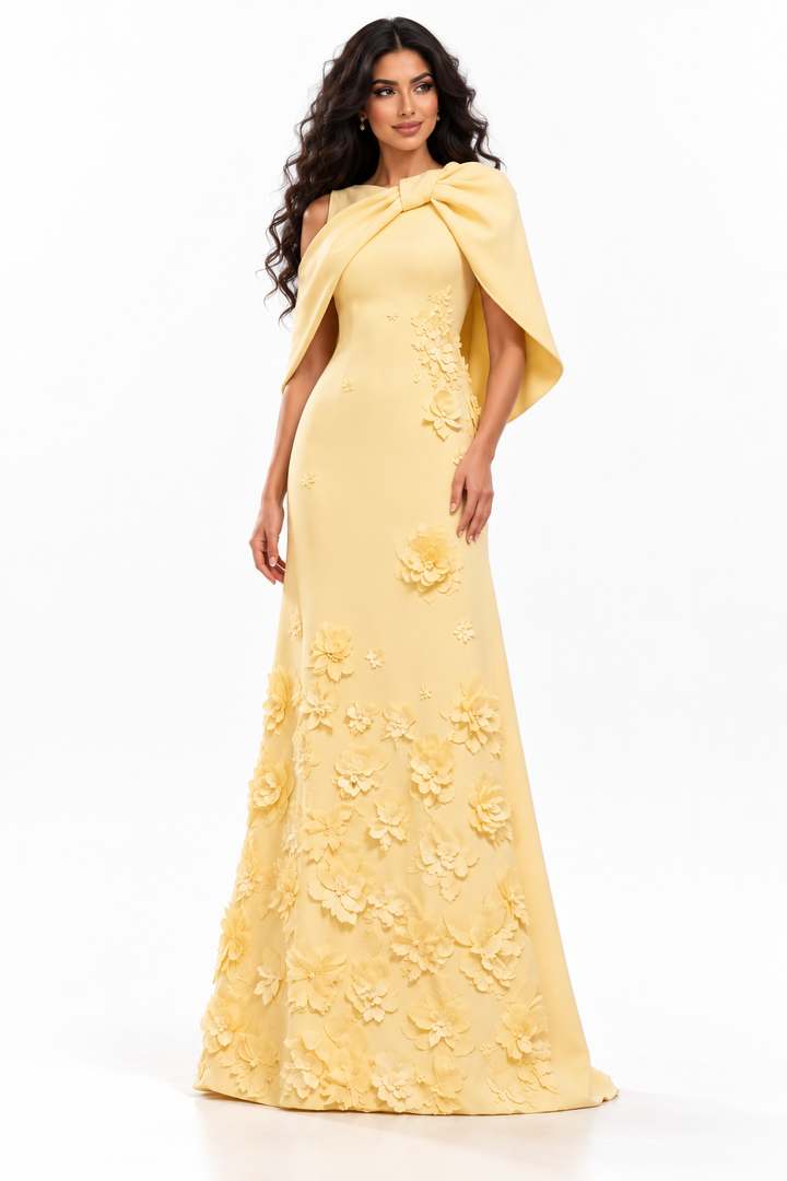 Floral Cape Gown - Buttercream