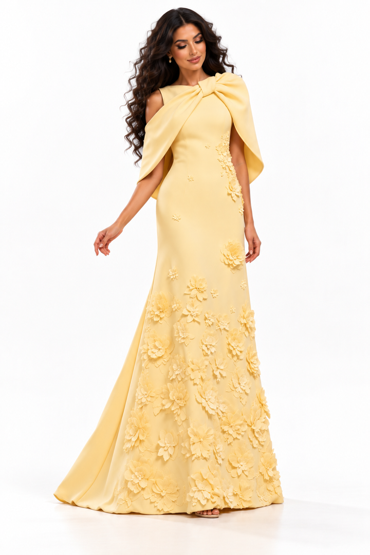 Floral Cape Gown - Buttercream