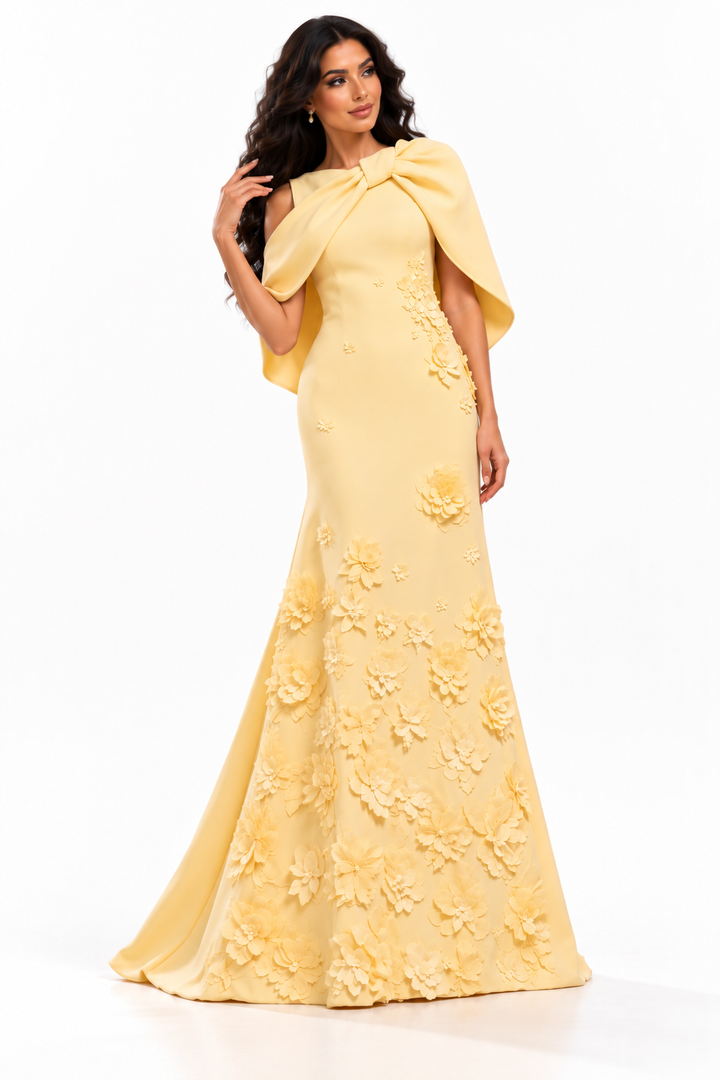Floral Cape Gown - Buttercream