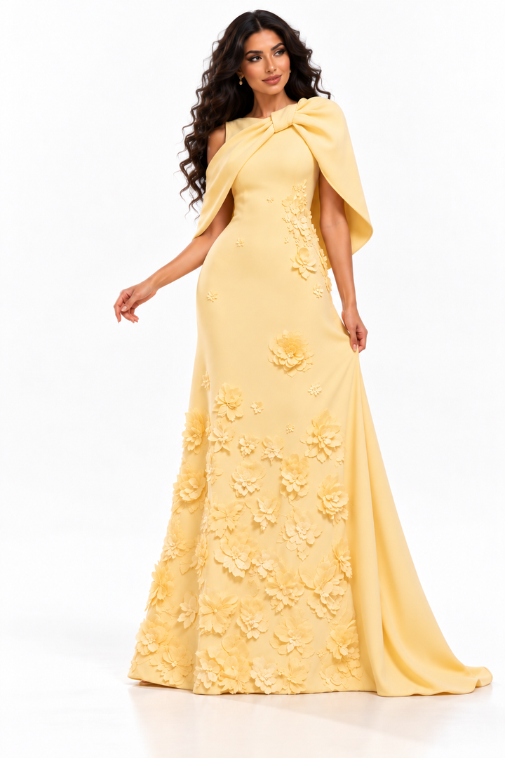 Floral Cape Gown - Buttercream