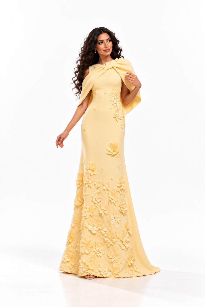 Floral Cape Gown - Buttercream