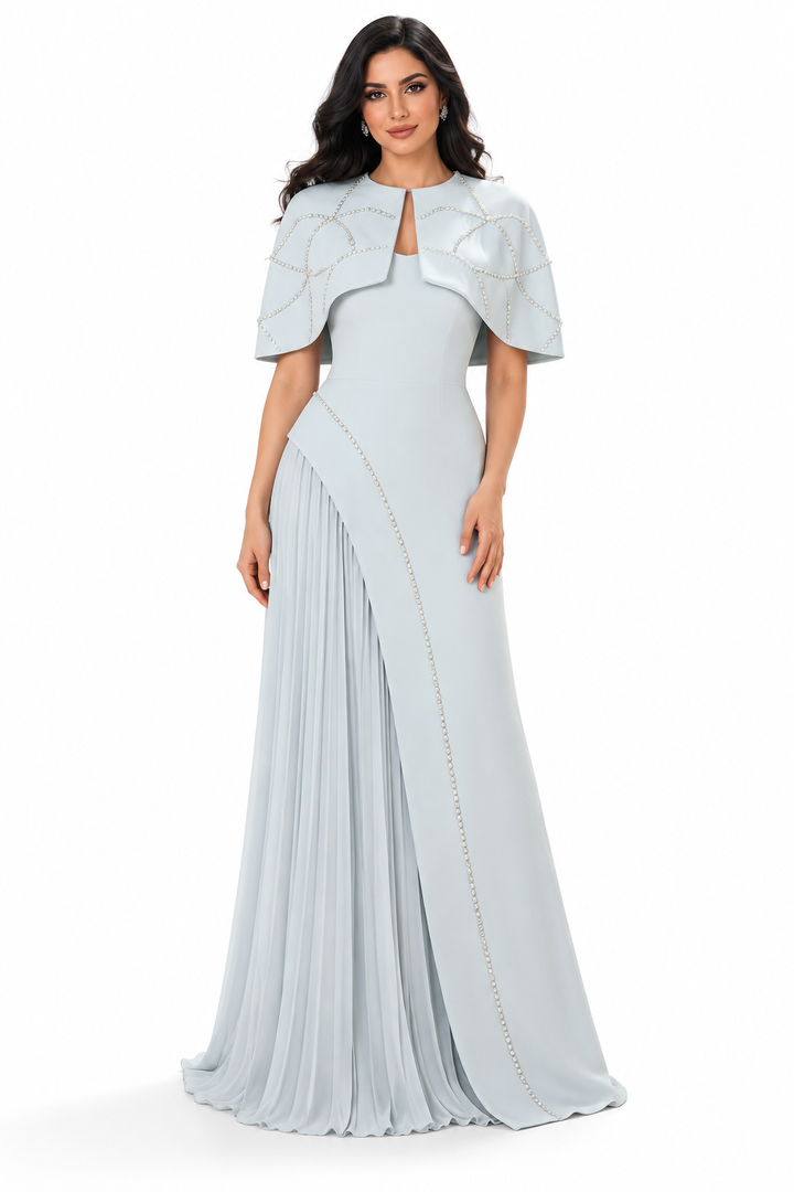 Pleated Cape Gown - Ice