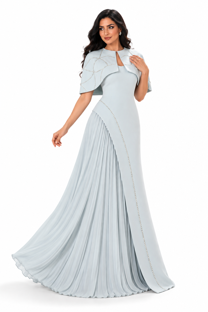 Pleated Cape Gown - Ice