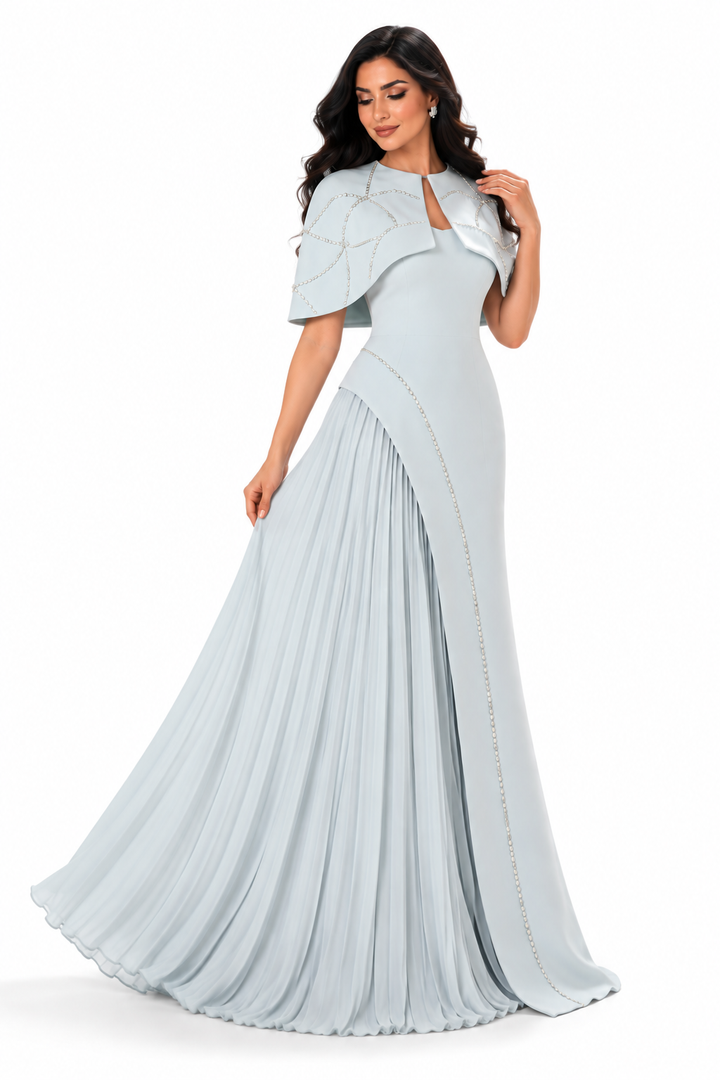 Pleated Cape Gown - Ice