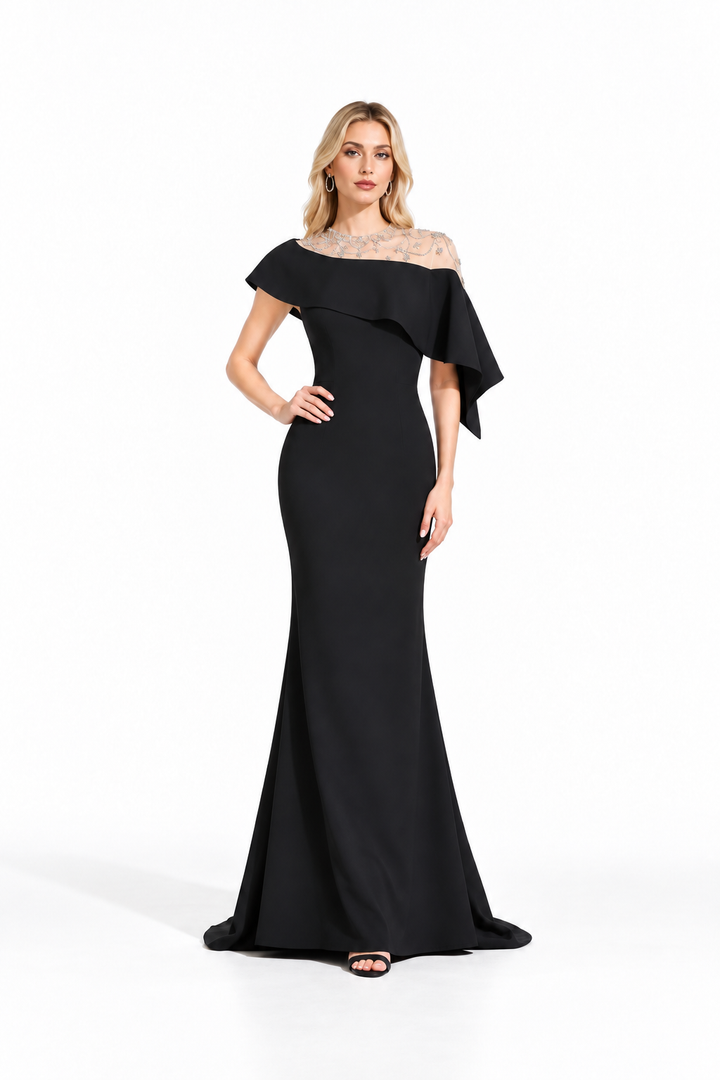 Crystal Ruffle Gown - Noir