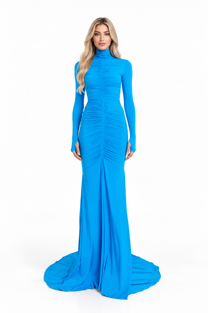 Azure Ruched High-Neck Maxi Dress - Celeste