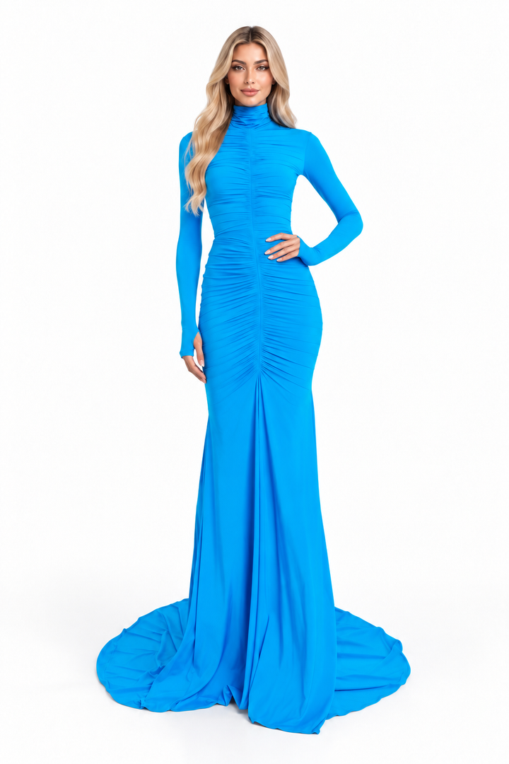 Azure Ruched High-Neck Maxi Dress - Celeste