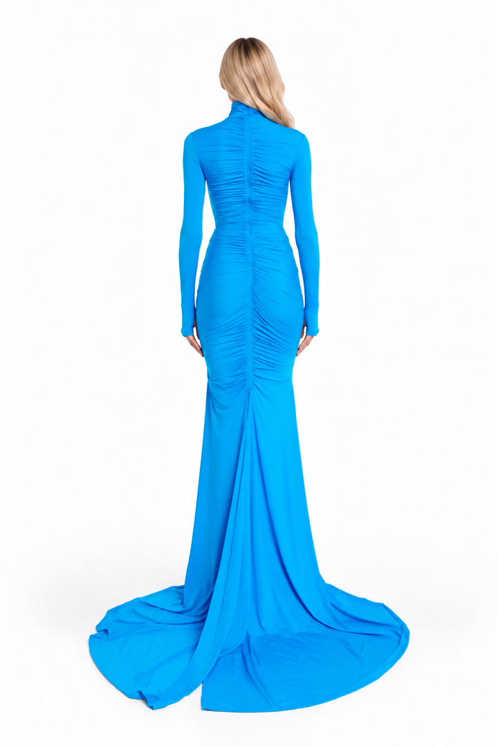 Azure Ruched High-Neck Maxi Dress - Celeste