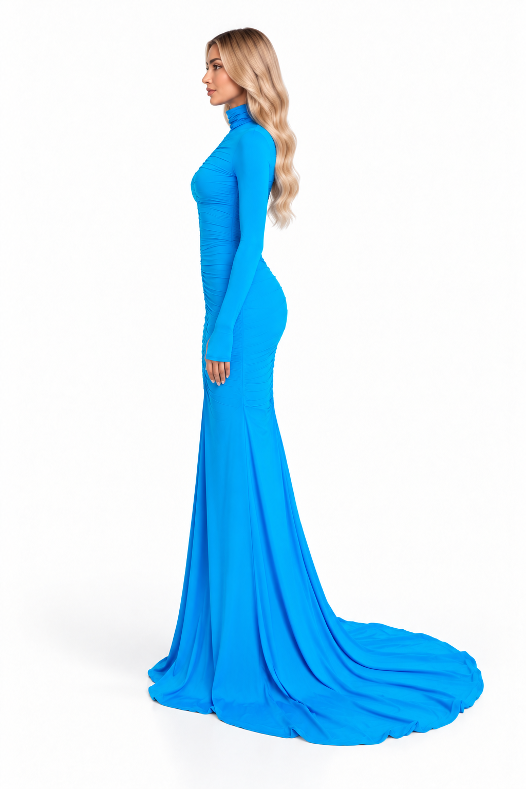 Azure Ruched High-Neck Maxi Dress - Celeste