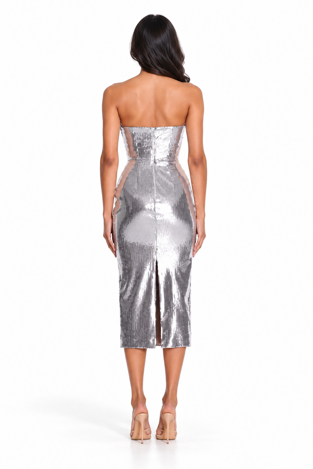 Silver Sequin Strapless Midi Dress - Aurelia