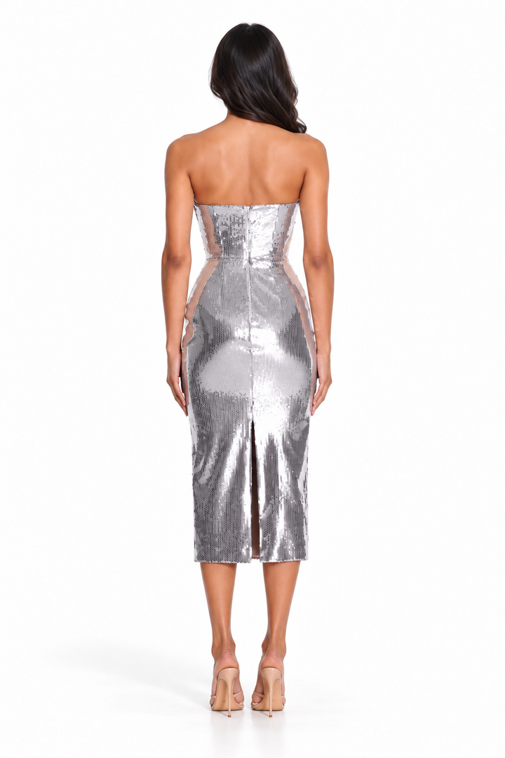 Silver Sequin Strapless Midi Dress - Aurelia
