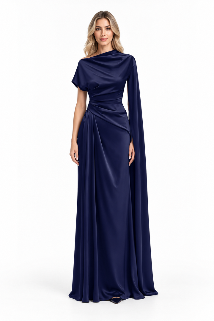 Navy Satin Draped Cape Maxi Dress - Selene
