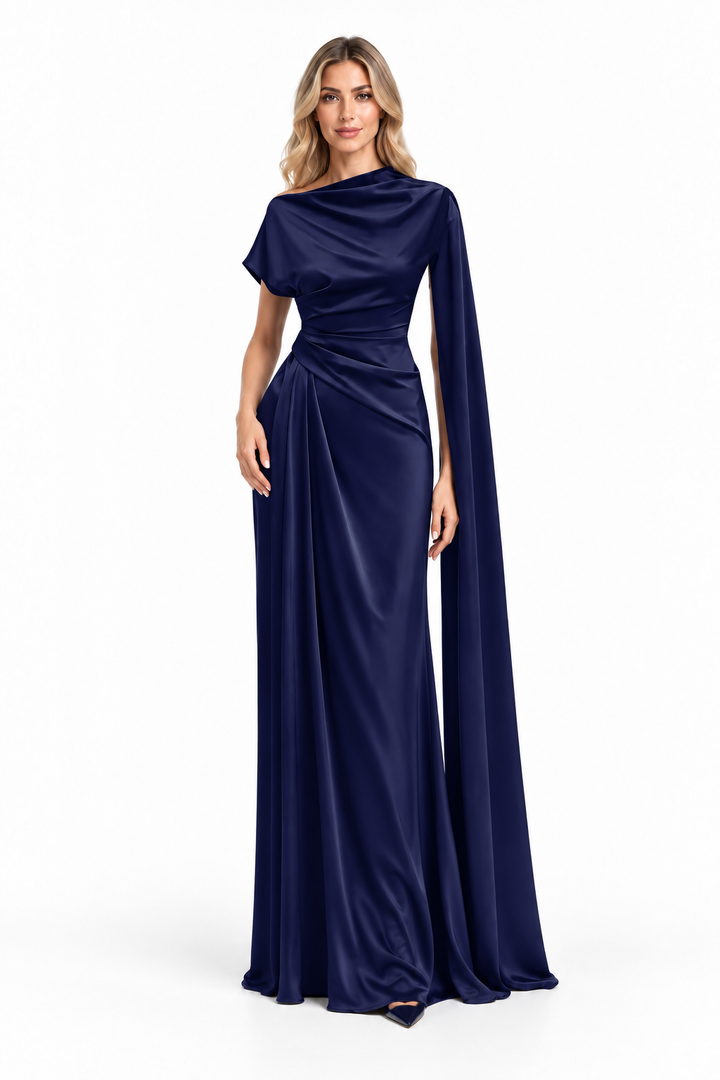 Navy Satin Draped Cape Maxi Dress - Selene